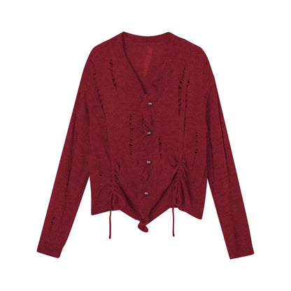 Red Pleated Knit Cardigan