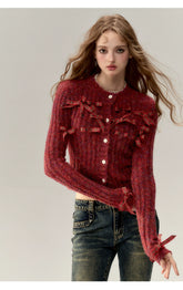 Red & Black Bow Decorated Knit Cardigan - CHINASQUAD