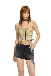 Brown Distressed Wash Denim Halter Top - CHINASQUAD