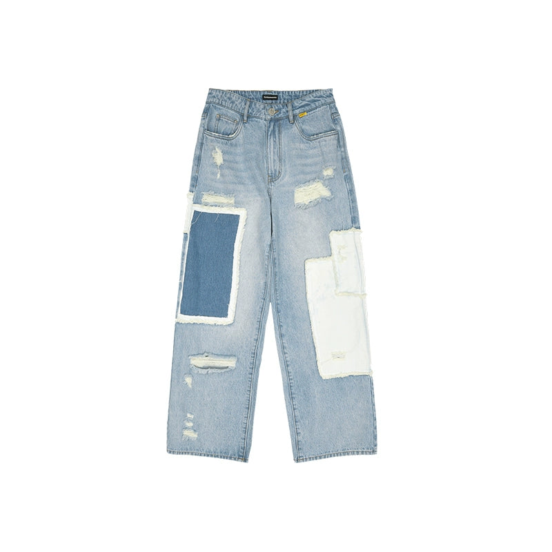 Asymmetric Patchwork Distressed Straight-Leg Jeans