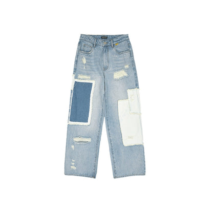 Asymmetric Patchwork Distressed Straight-Leg Jeans