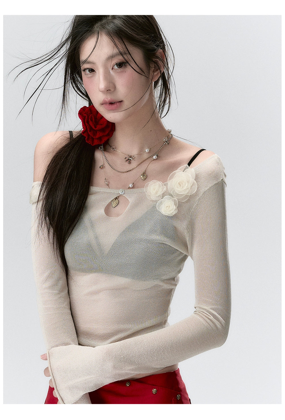 Shimmering Sheer Knit Floral Blouse - CHINASQUAD