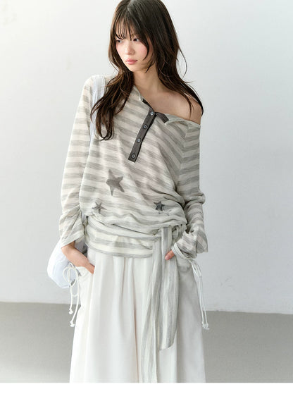 Star Print Off-Shoulder Striped Relaxed Knit Blouse