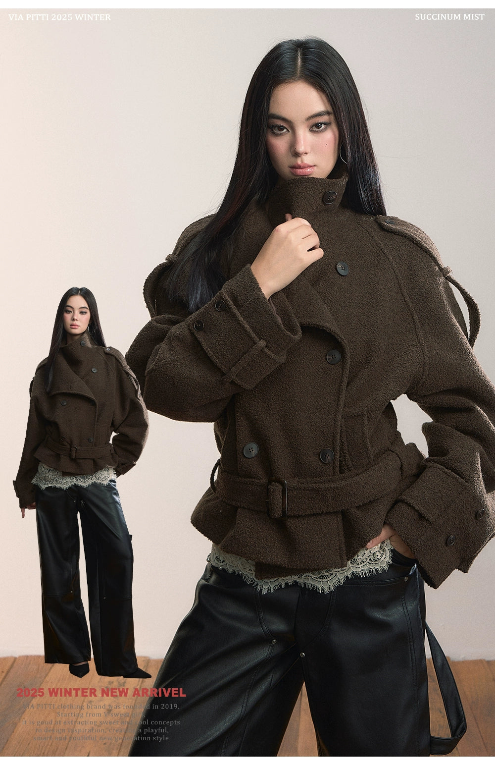 Contrast Double-Breasted Wool-Blend Belted Jacket