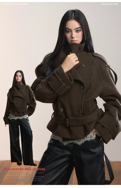 Contrast Double-Breasted Wool-Blend Belted Jacket