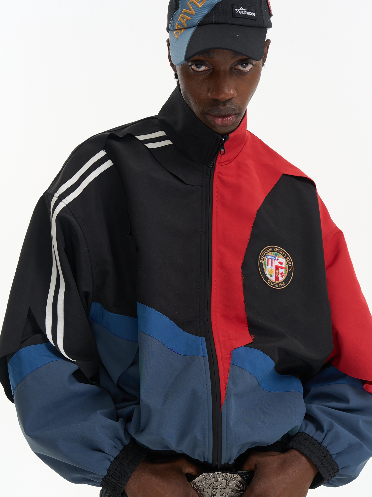 Distressed Cut-Out Color-Block Sport Jacket