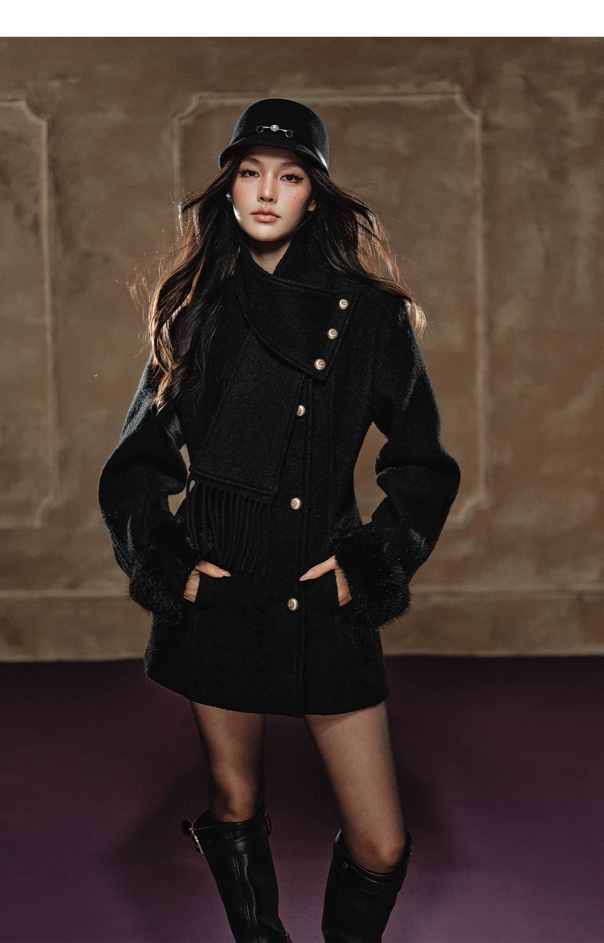 Detachable Fringe Scarf Hourglass-Waist Wool Coat