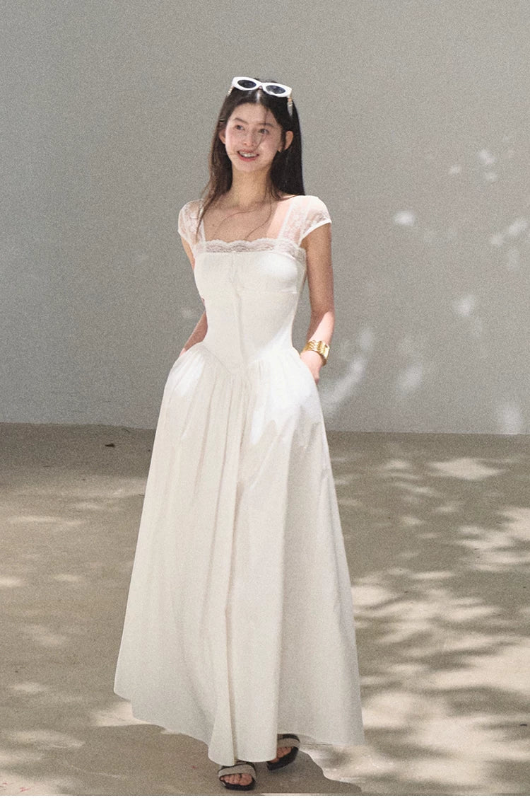 Lace-Spliced Cinched-Waist Vacation Camisole Dress