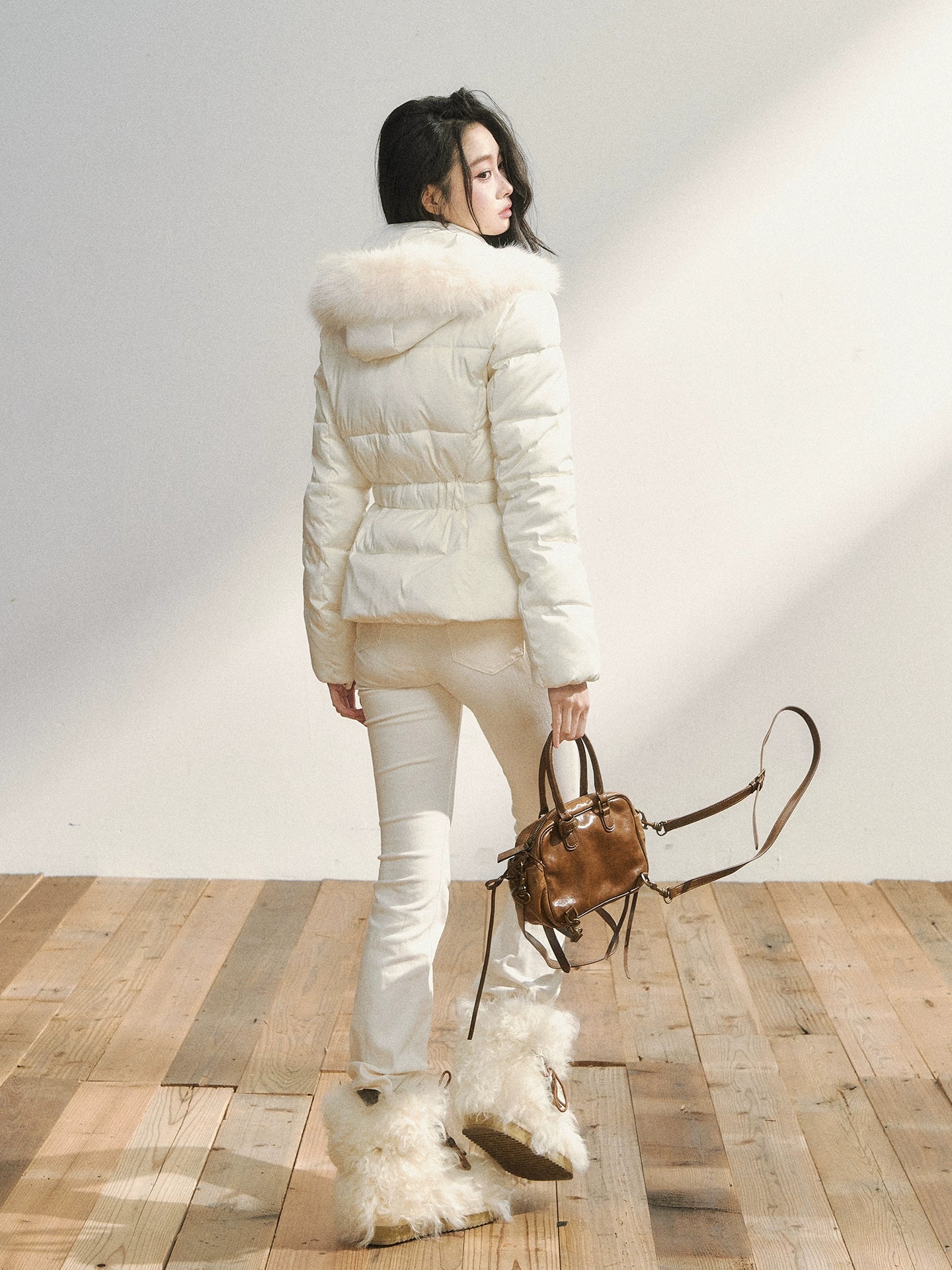 White High-Waist Flared Draped Pants