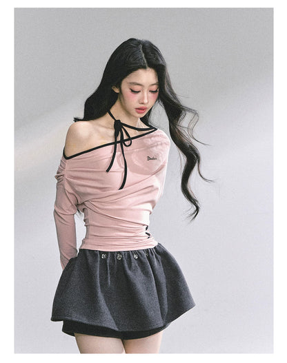 Off-Shoulder Halter Long-Sleeve T-Shirt