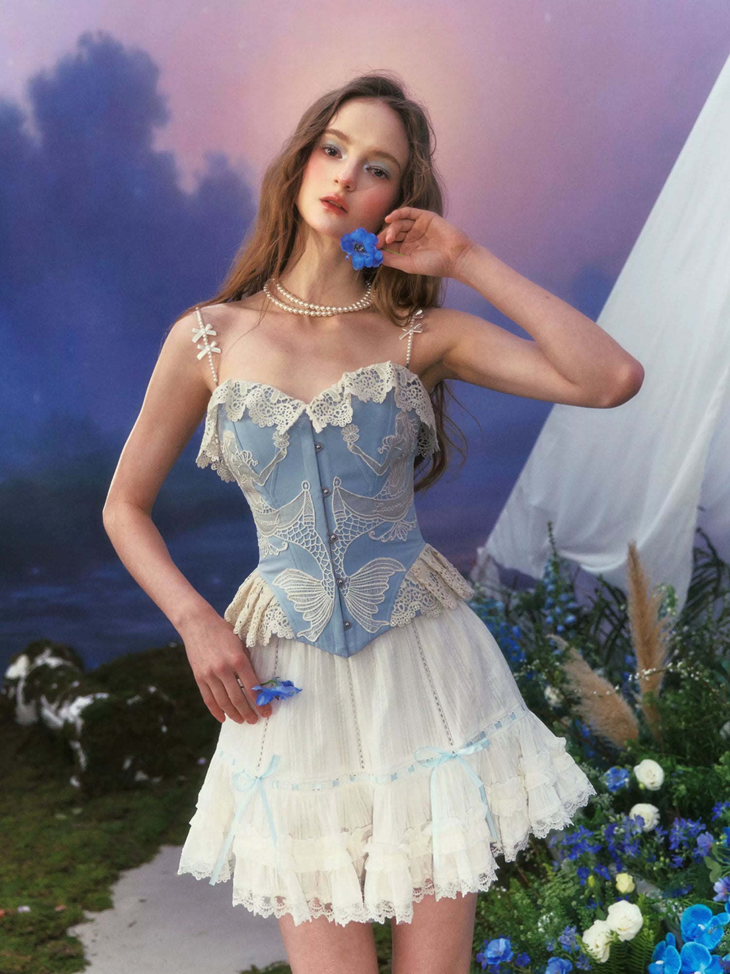 Vintage Lace-Embroidered Blue Corset Blue (Pre-sale) / XL