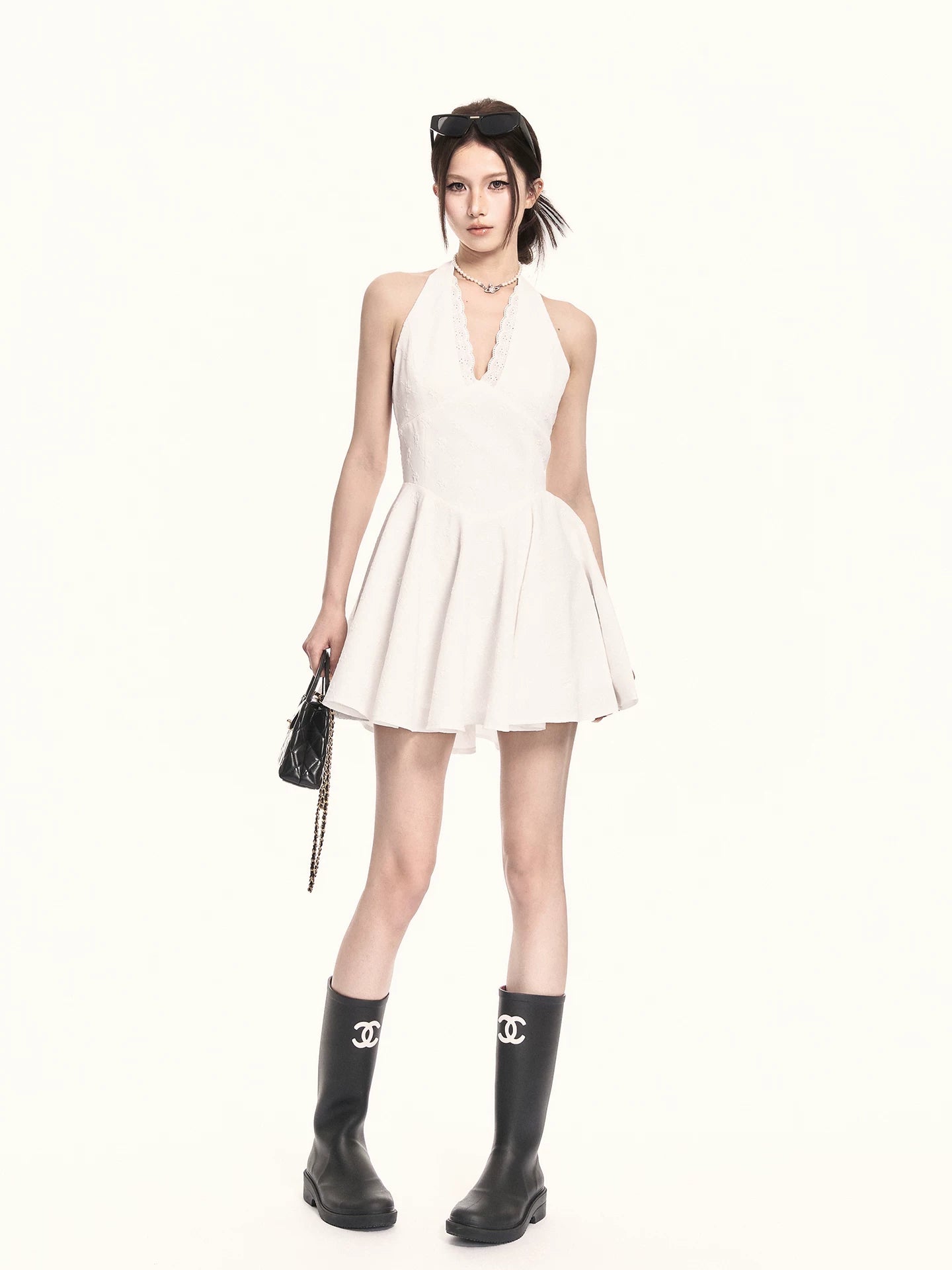 Romantic Rose Jacquard Halter Mini Dress