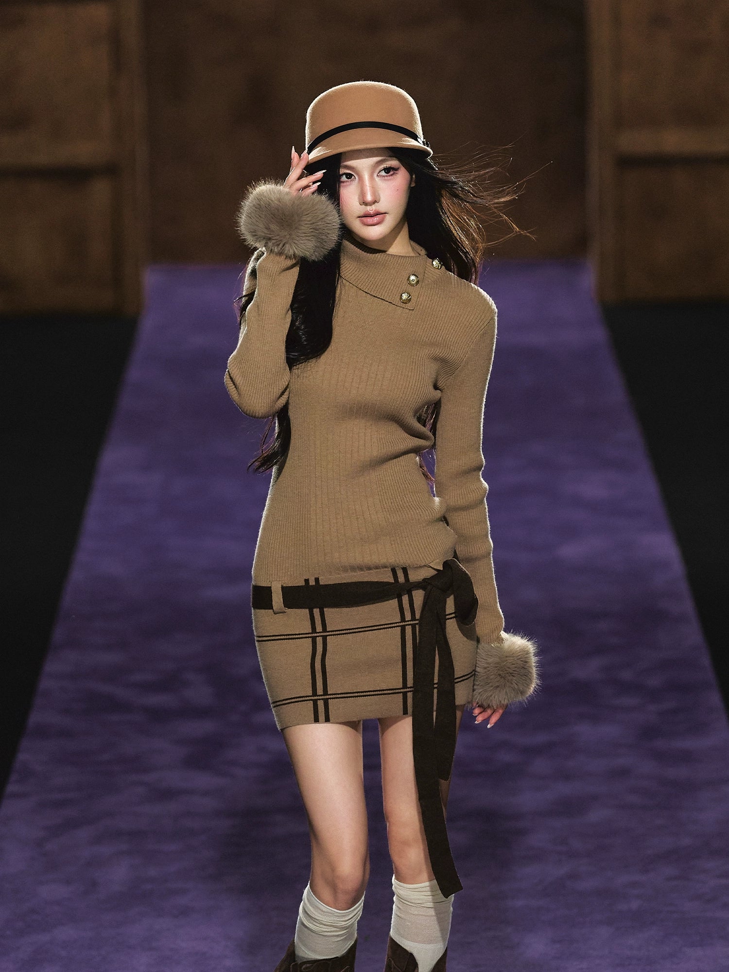 Faux Fur Cuff High-Neck Knit Dress