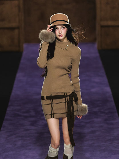 Faux Fur Cuff High-Neck Knit Dress