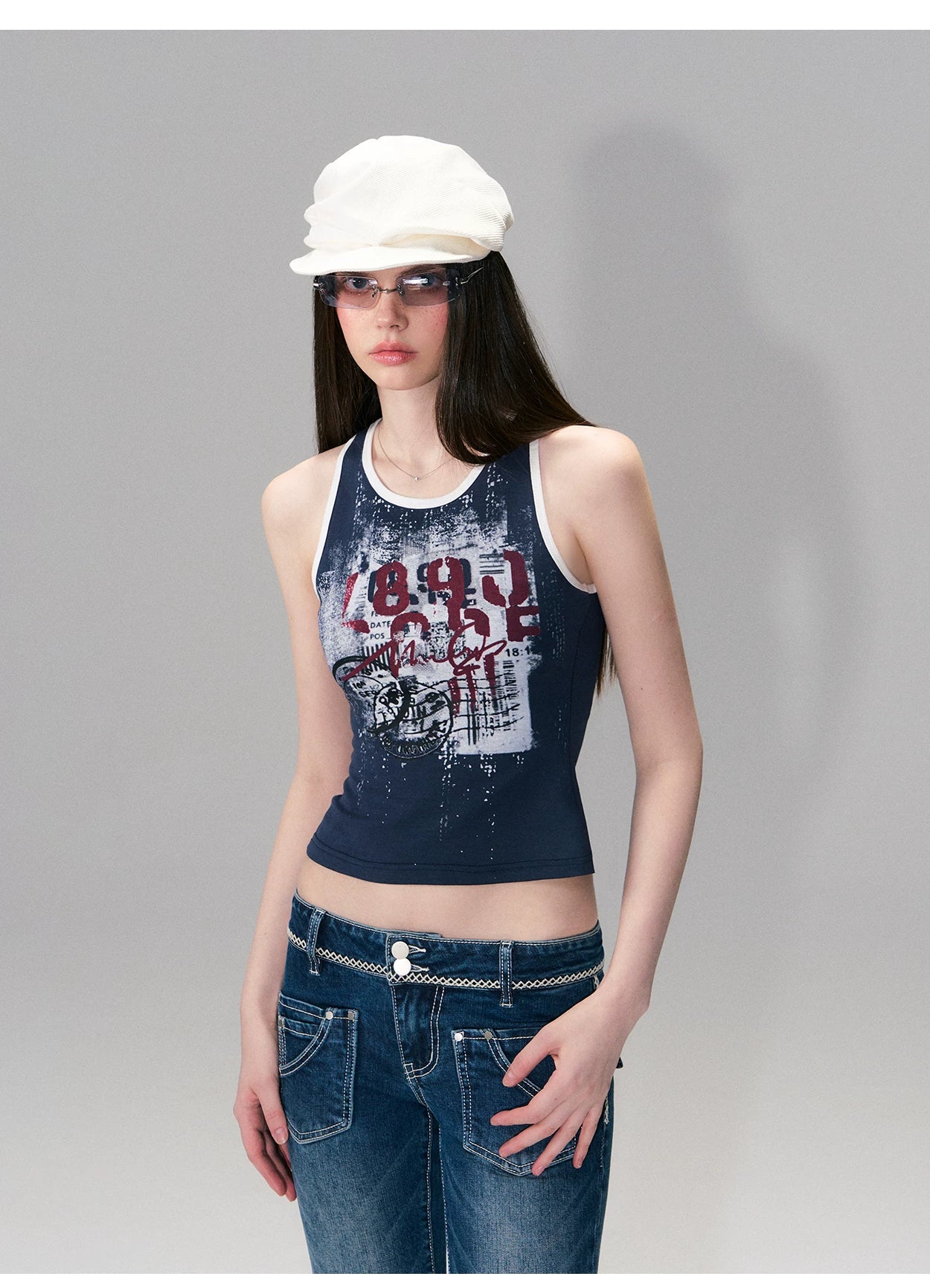 Vintage Graphic Contrast Trim Slim Fit Tank Top