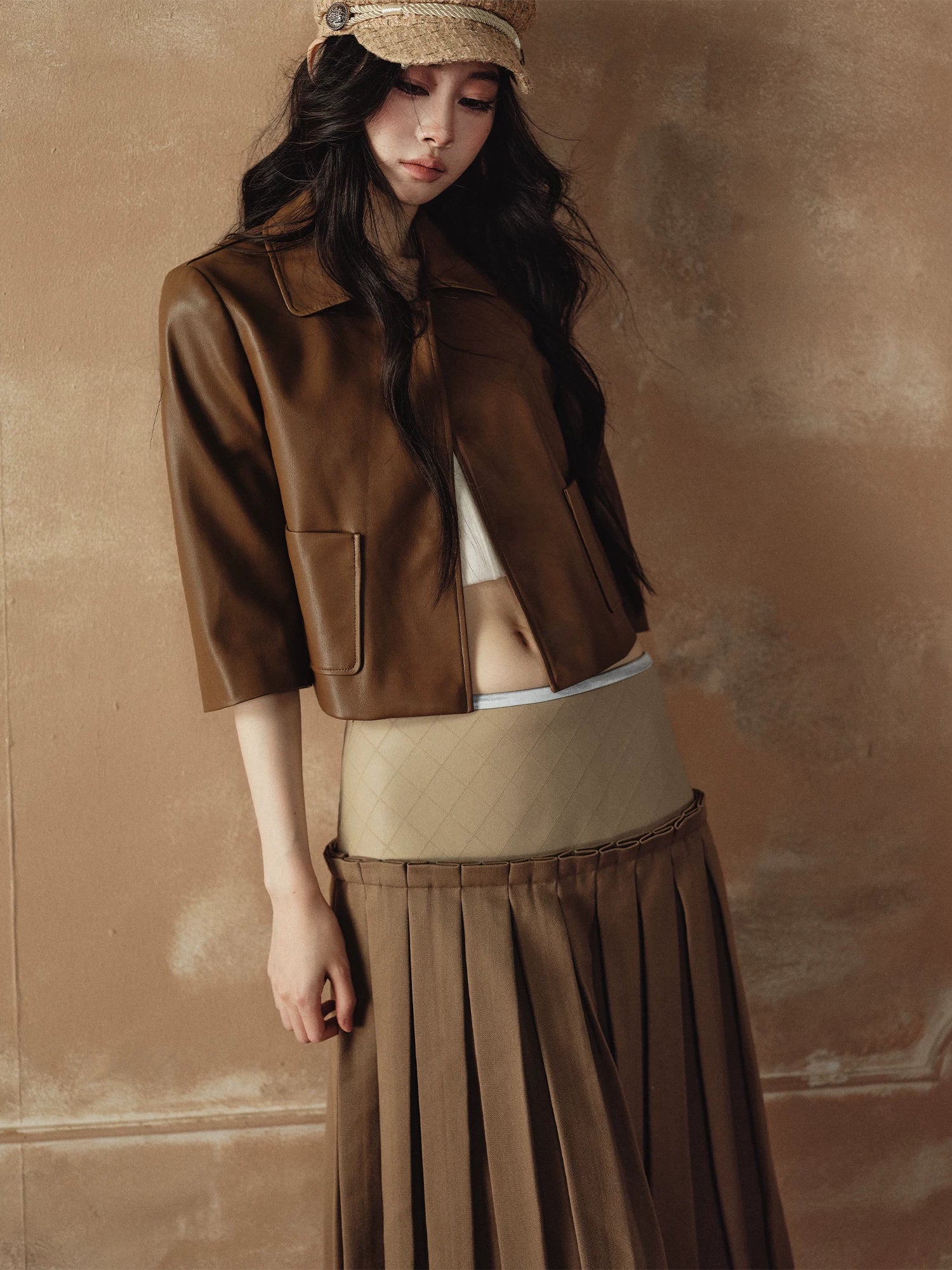 A-Line Skirt &amp; Cropped Sleeve PU Jacket Set