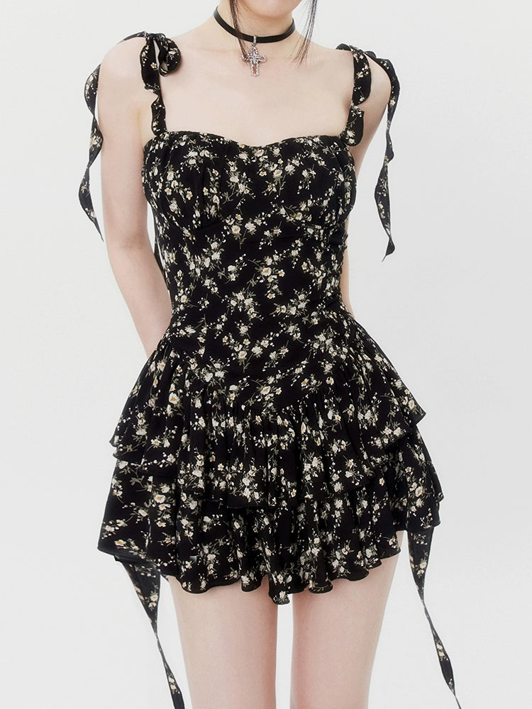 Black French Floral Waist-Cinching Dress