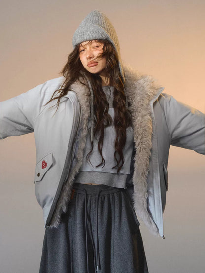 Detachable Faux Fur Collar Parka Down Jacket