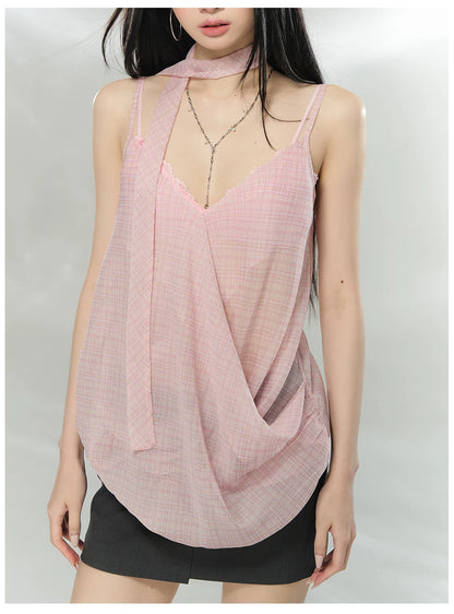 Asymmetric Ribbon Tie Sheer V-Neck Camisole