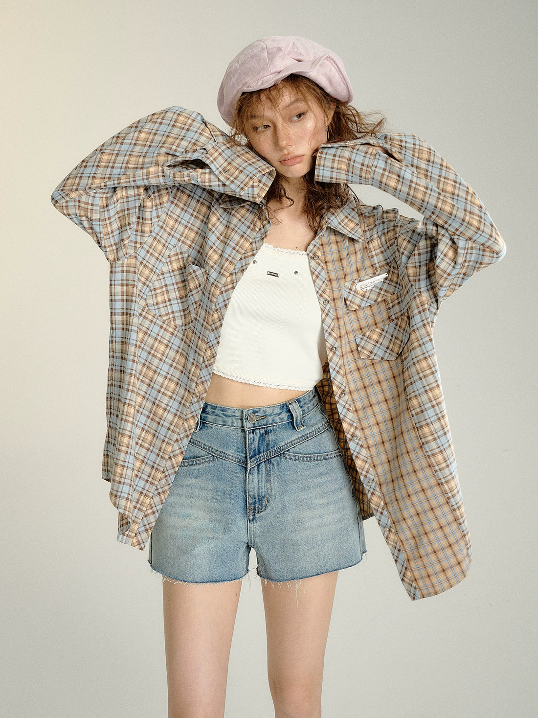 Color-blocked Plaid Oversized Shirt