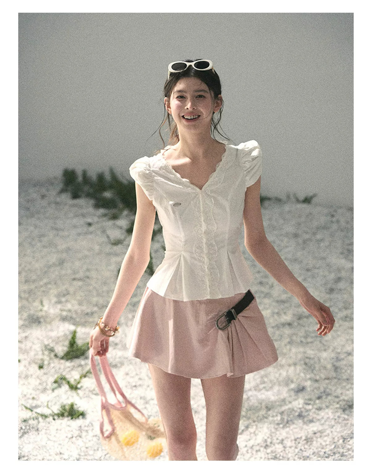Lace Trim French V-Neck Blouse