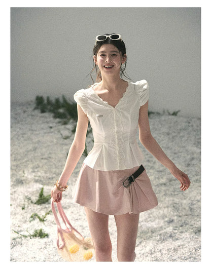 Lace Trim French V-Neck Blouse