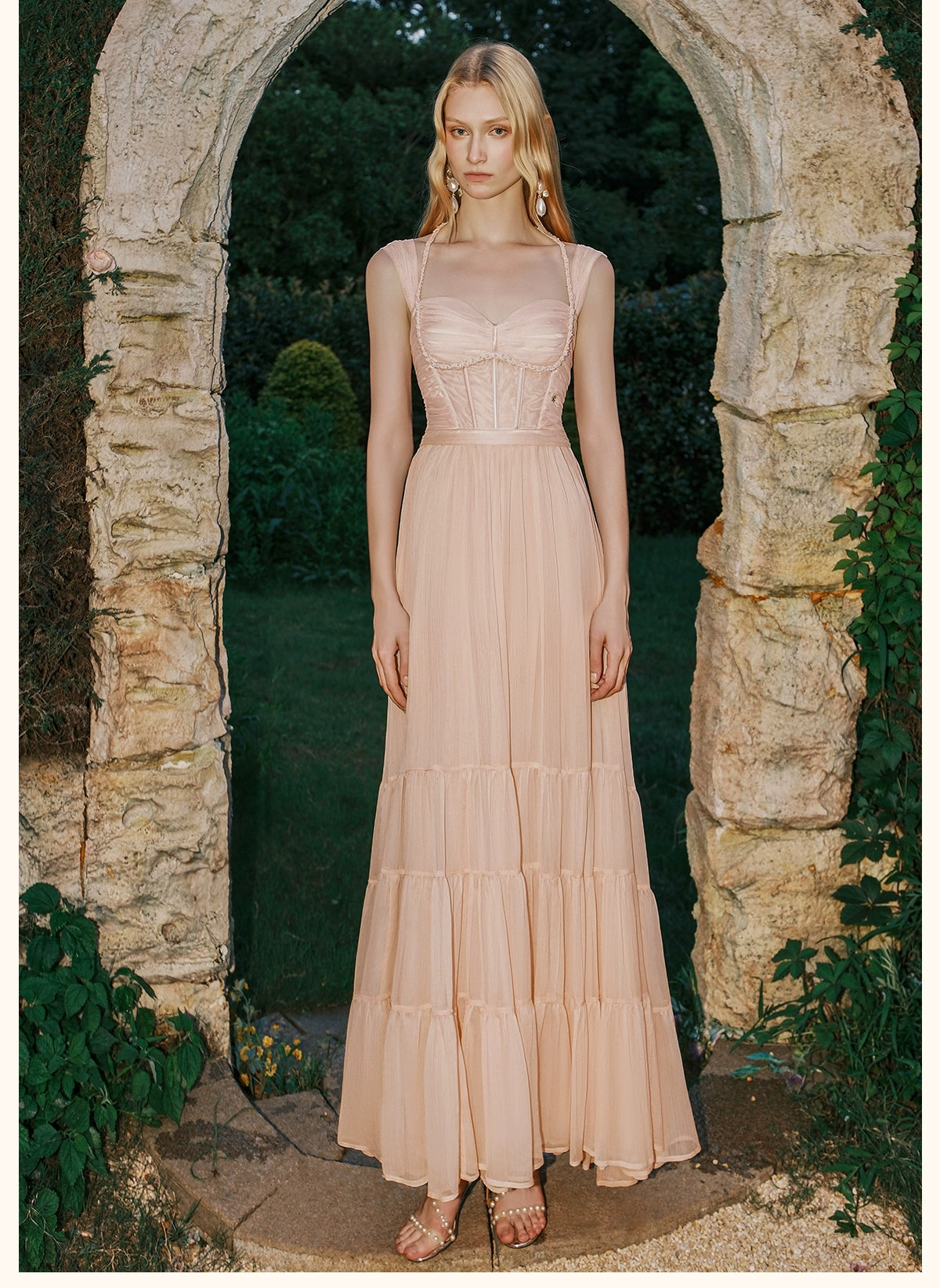 Tia Beaded Halter Chiffon Midi Dresses