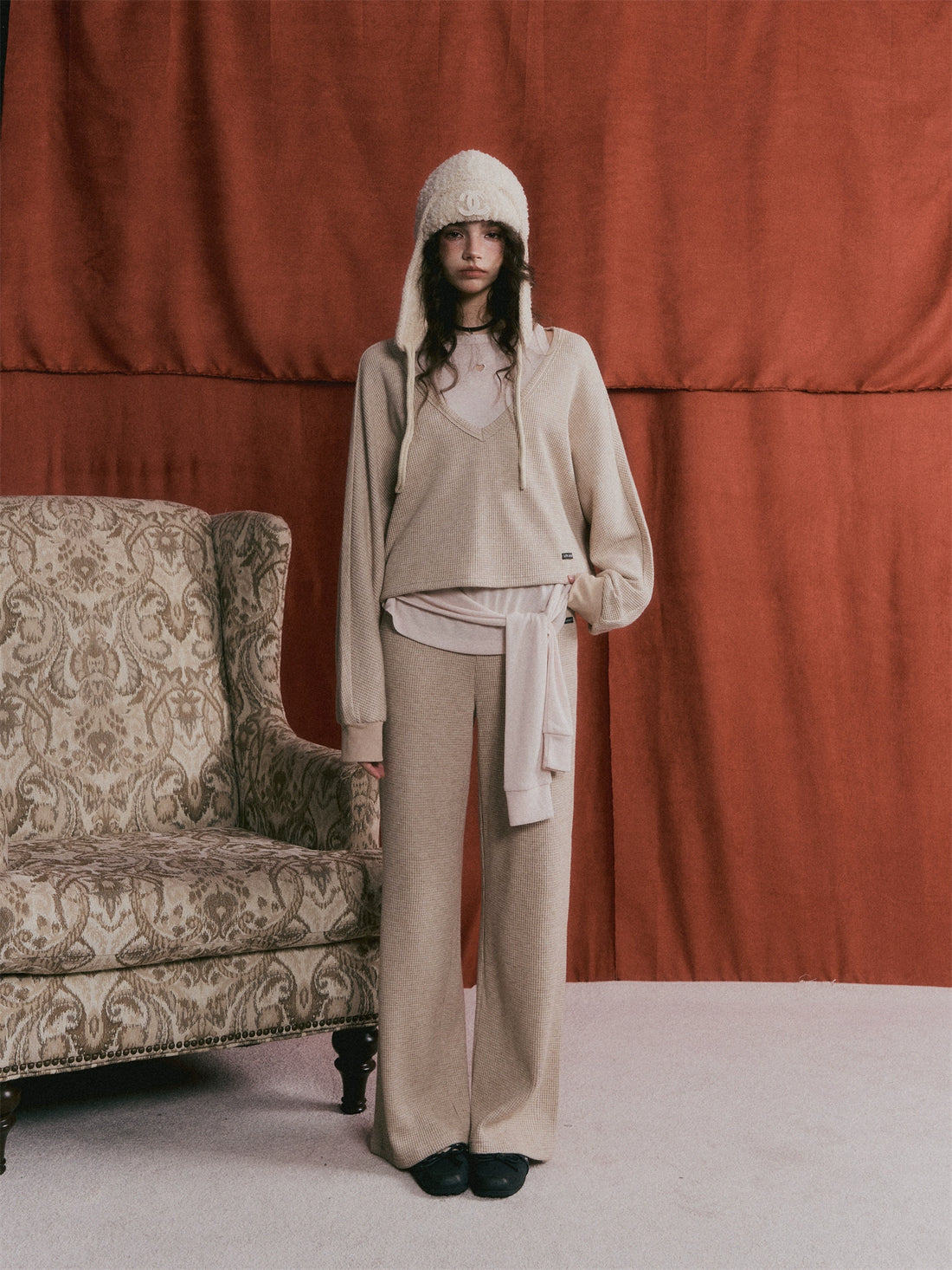 Waffle Knit V-Neck Pullover &amp; Tank Top &amp; Wide-Leg Pants Set