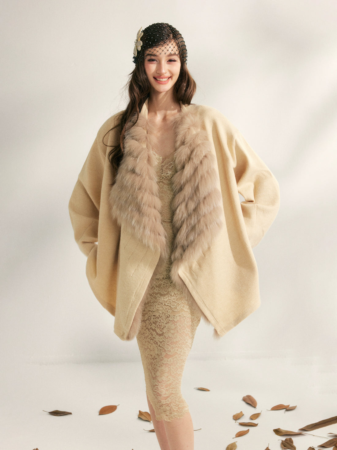 Fox Whisper Knit Fur Collar Cardigan Jacket