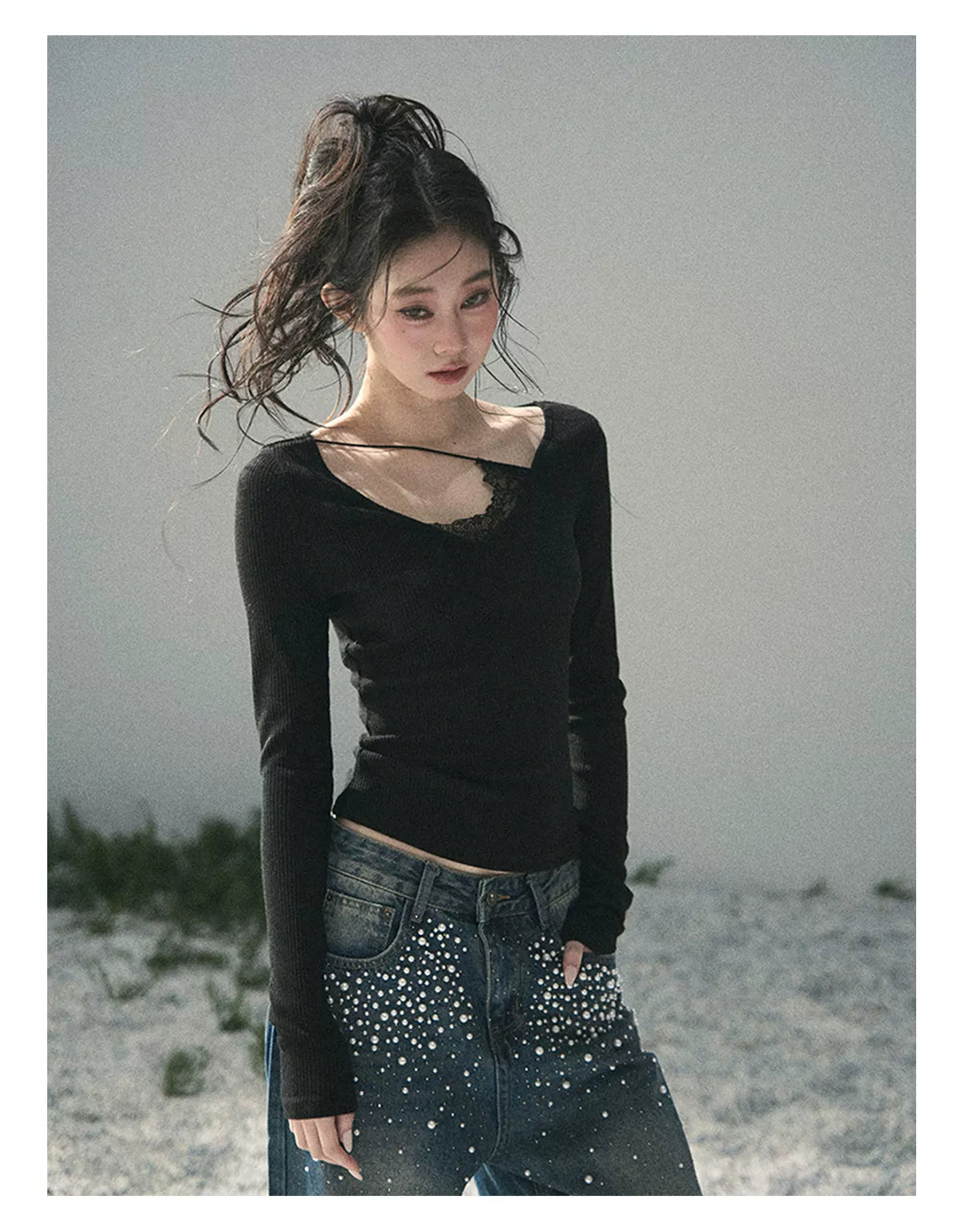 Deep V Lace Knit Top