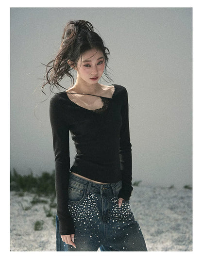 Deep V Lace Knit Top