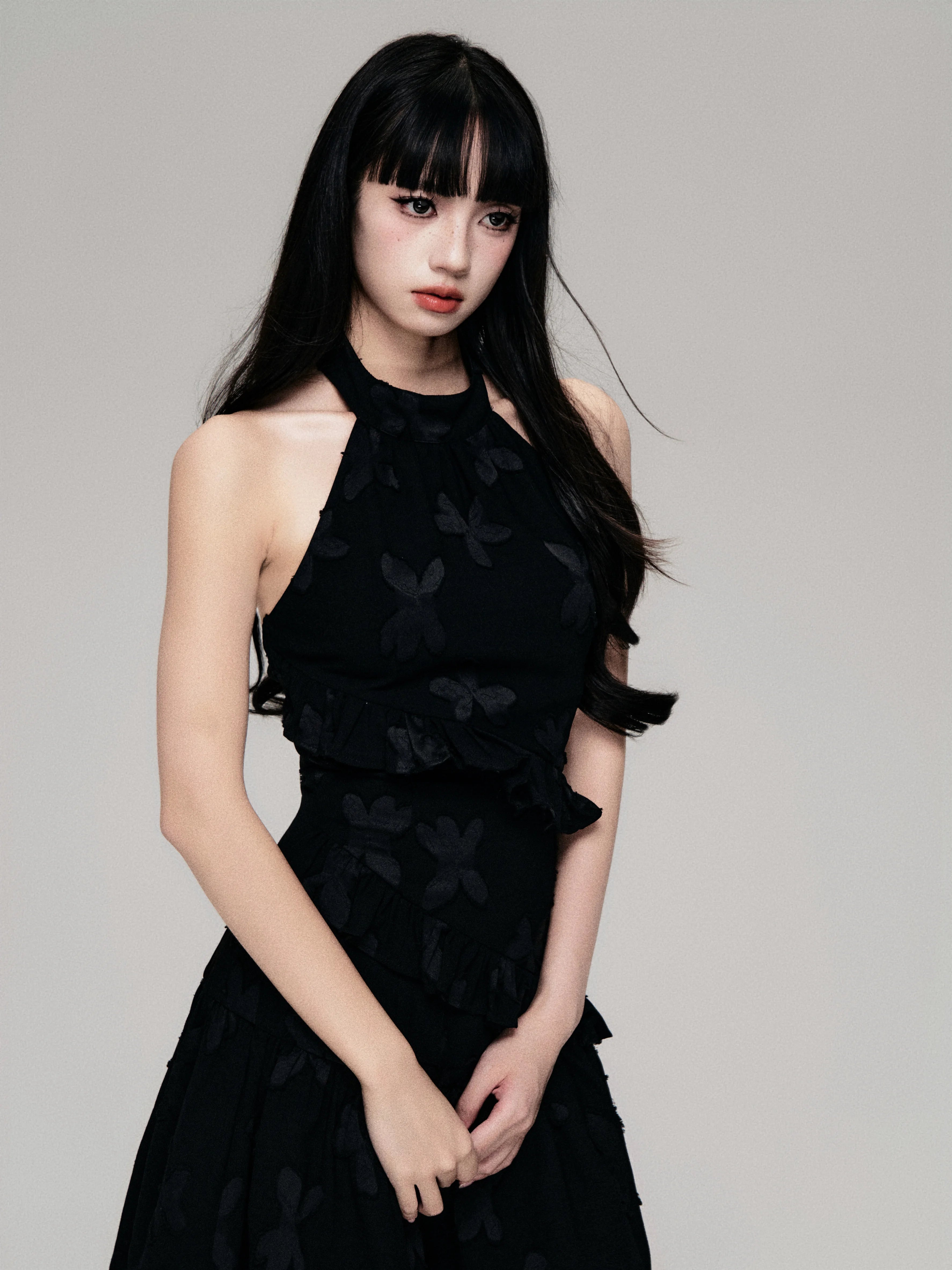 Textured Cut-Out Floral Halter Mini Dress