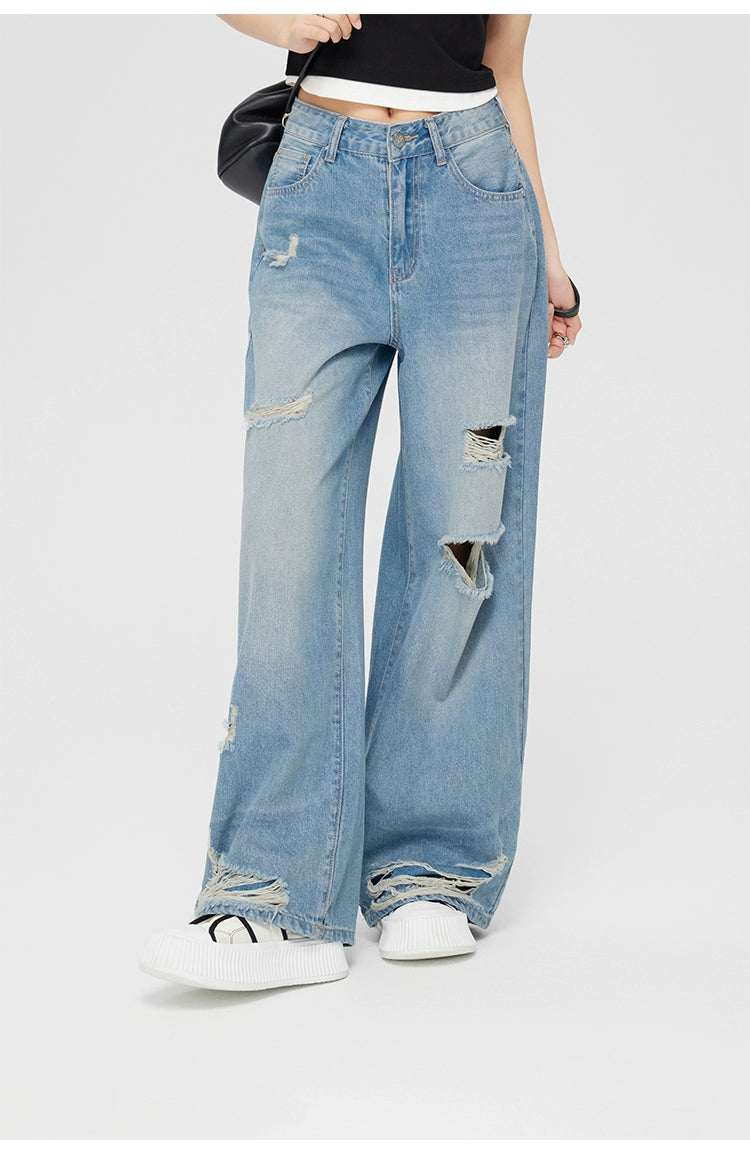 Blue Perforated Jeans Wide-leg Pants - CHINASQUAD