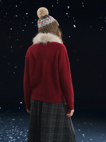 Detachable Fur Collar Ribbed Cardigan