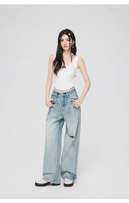 White &amp; Blue Lace Jeans Wide-leg Pants - CHINASQUAD