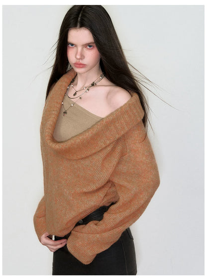 Relaxed Cowl-Neck Pullover Wool Knit Sweater