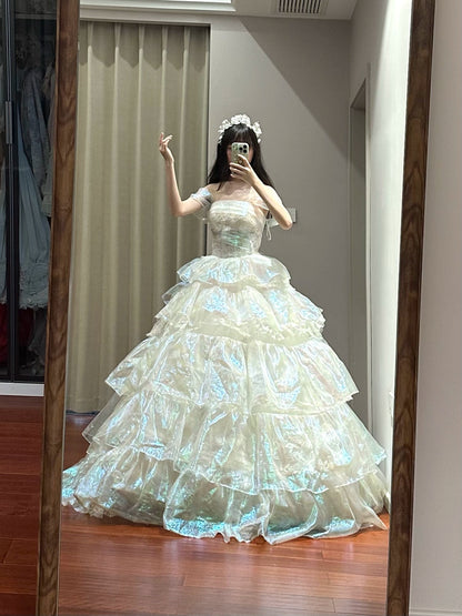 Iridescent Fructose-Sheen Tiered Couture Gown