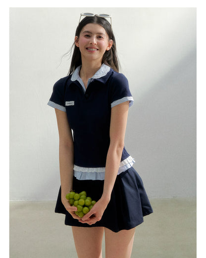 Vintage Layered Polka Dot Collar Knit Polo Tee