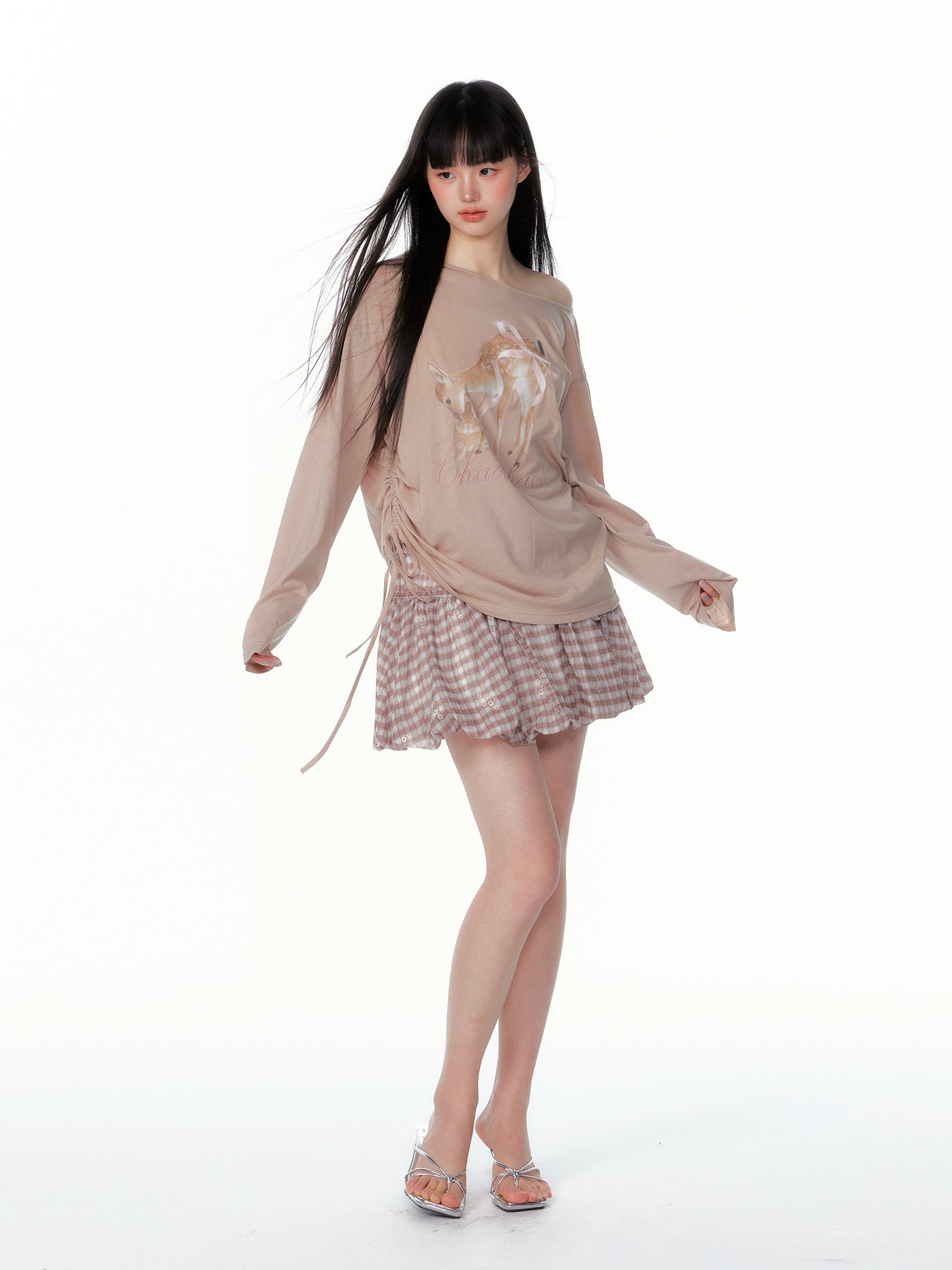 Asymmetric Deer Print Crystal-Embellished T-Shirt