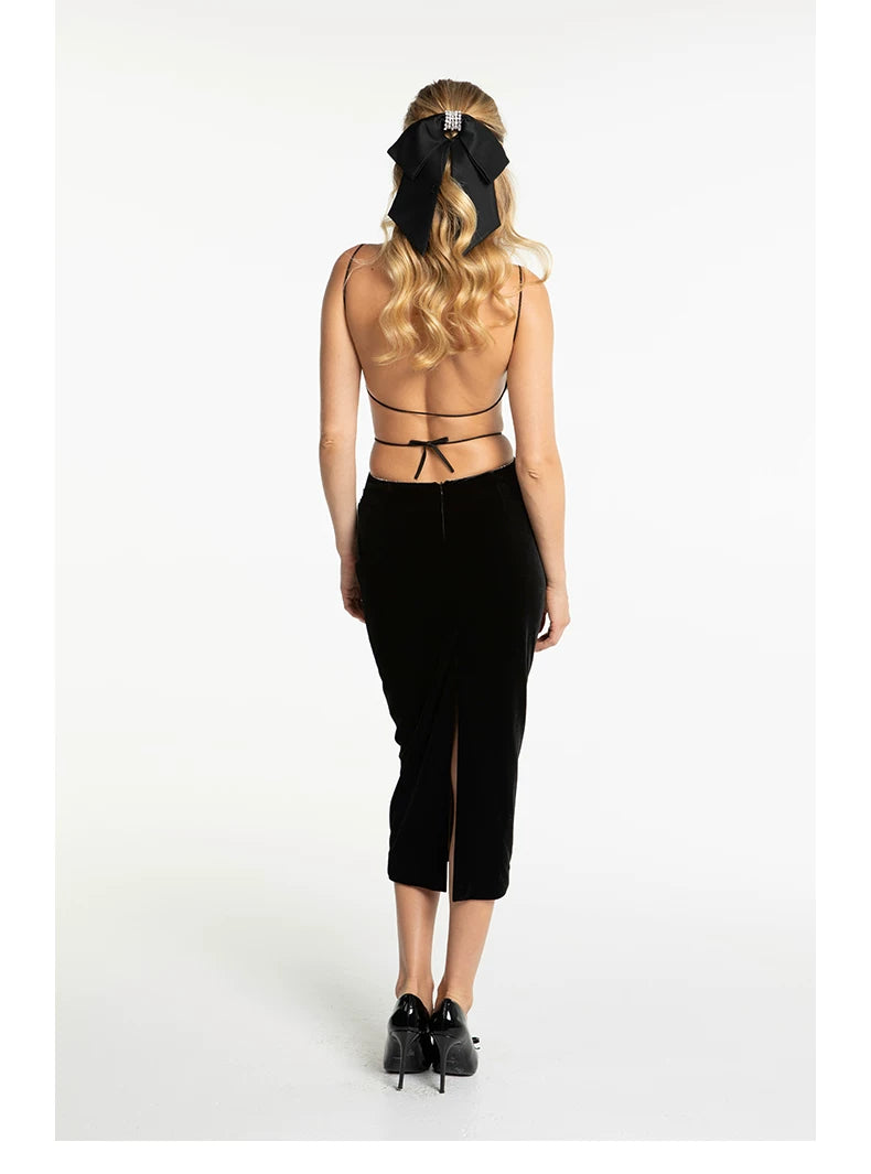 Crystal-Trim Velvet Backless Dress