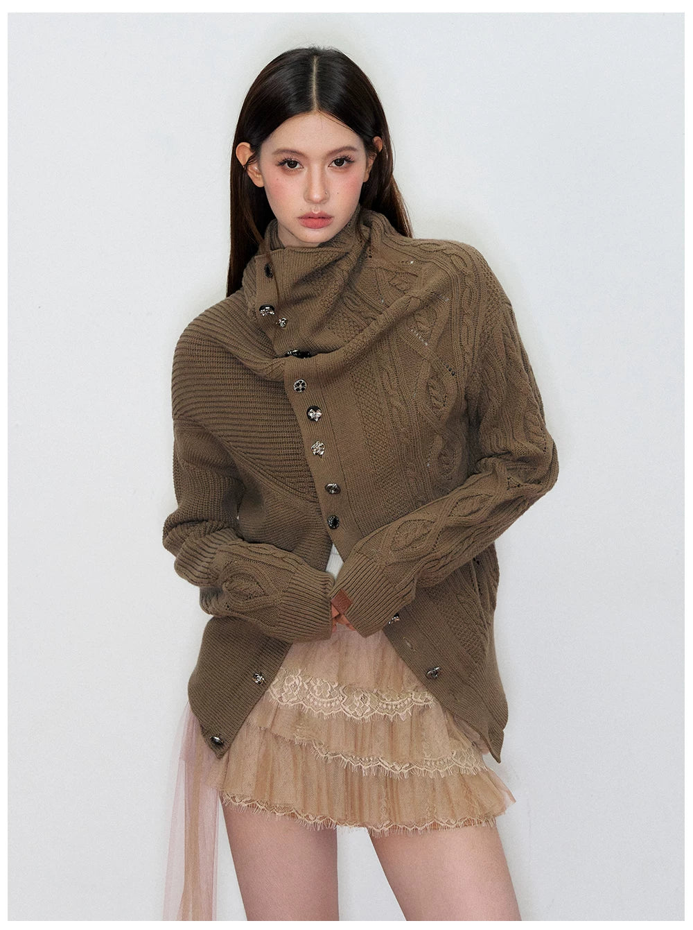 Oversized Collar Asymmetric Knit Sweater Jacket