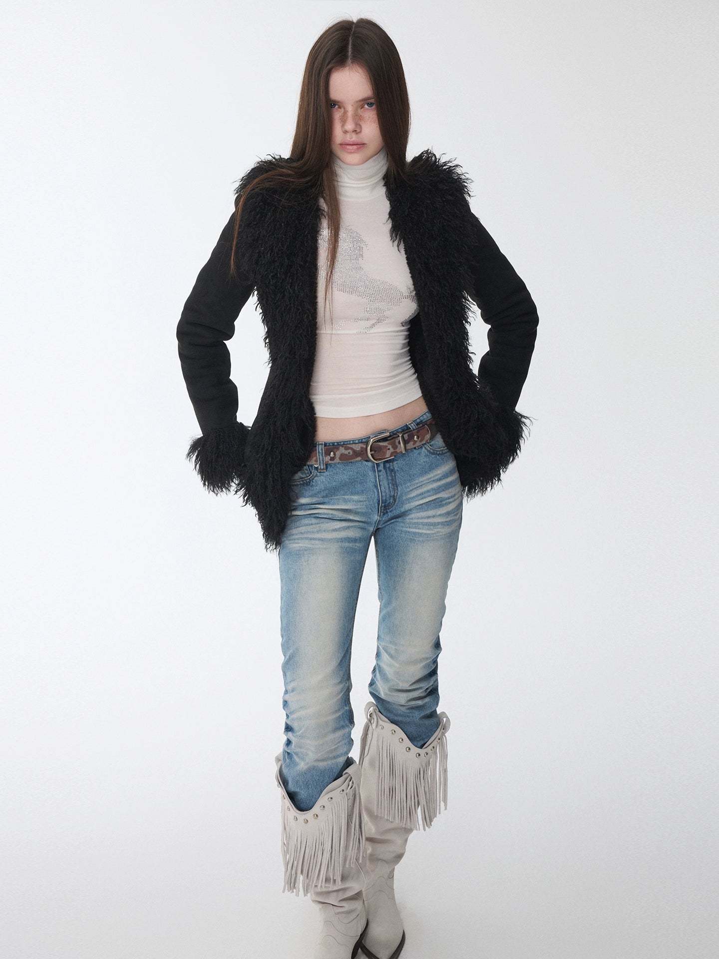 Suede Shearling Embroidered Panel Jacket