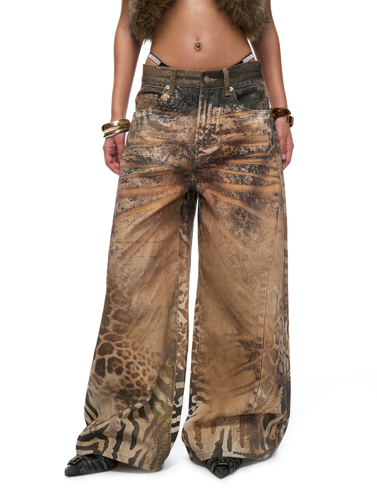 Washed Wide-Leg Printed Denim Pants