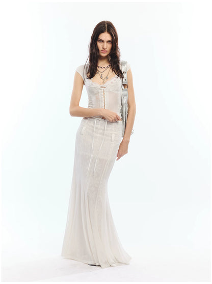 Flocked Floral Lace Flutter Sleeve Fitted Two-Piece Set