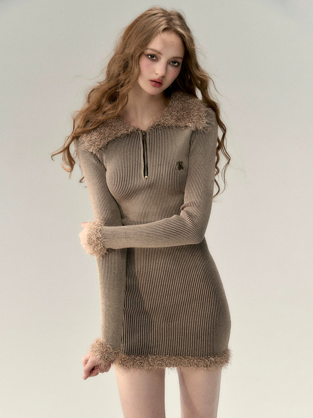 Khaki Collar Knit Mini Dress - CHINASQUAD
