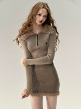 Khaki Collar Knit Mini Dress - CHINASQUAD