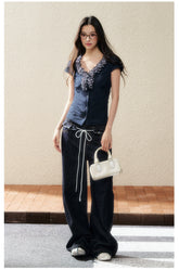 Navy Lace-Trim Knit Blouse - CHINASQUAD