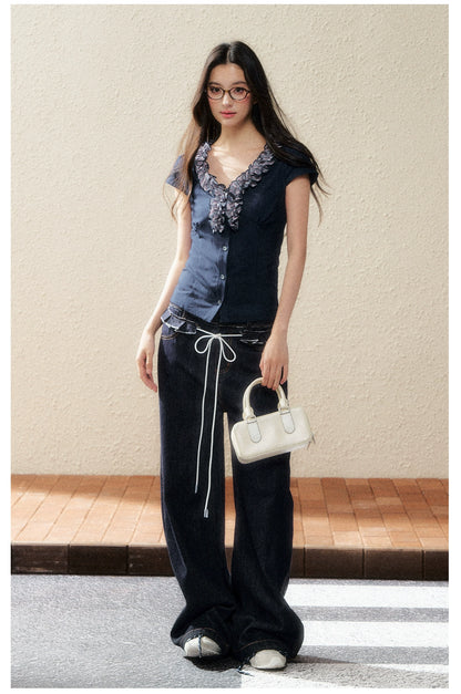 Navy Lace-Trim Knit Blouse - CHINASQUAD