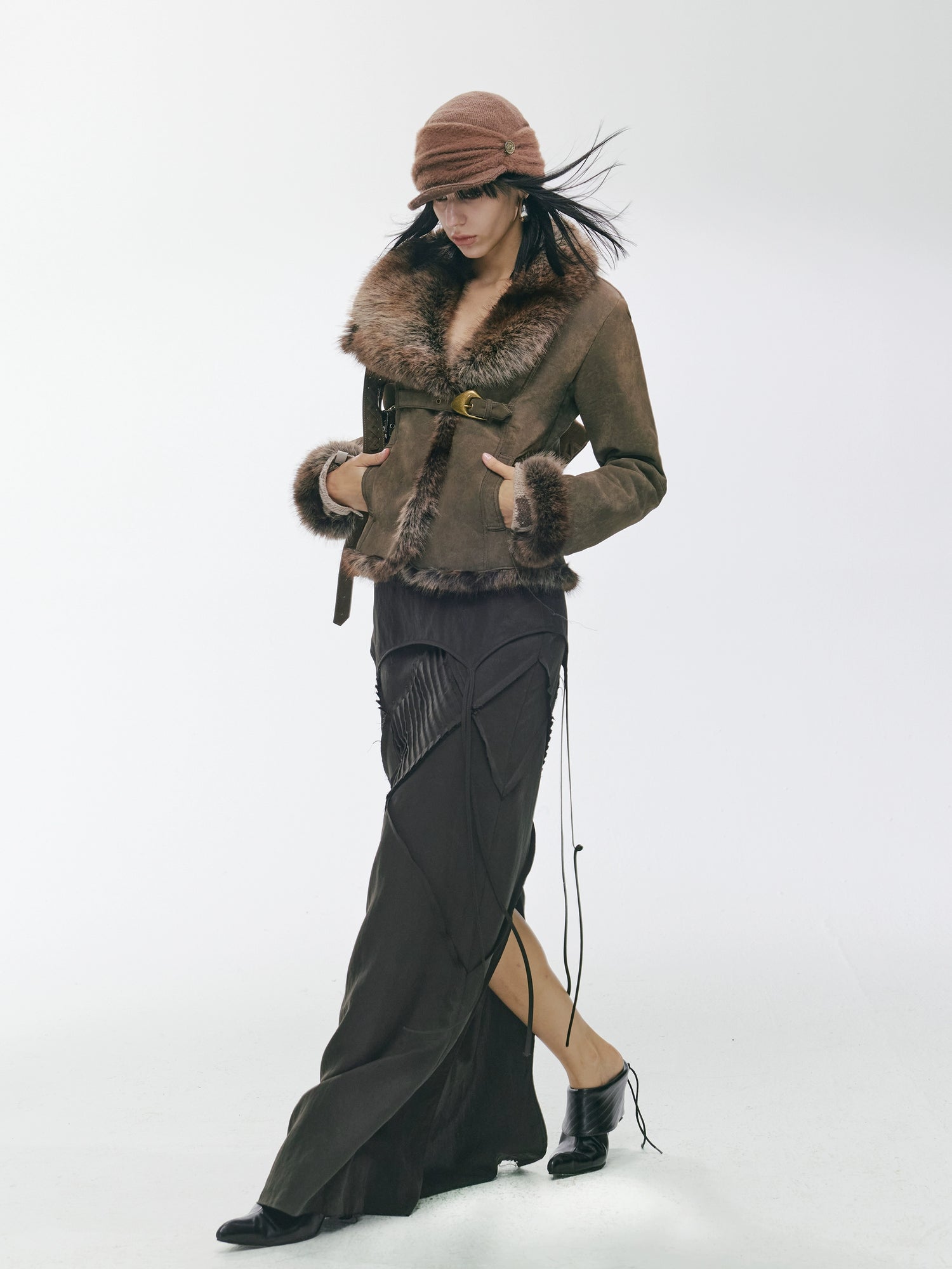 Vintage Asymmetric Shearling-Effect Suede Jacket
