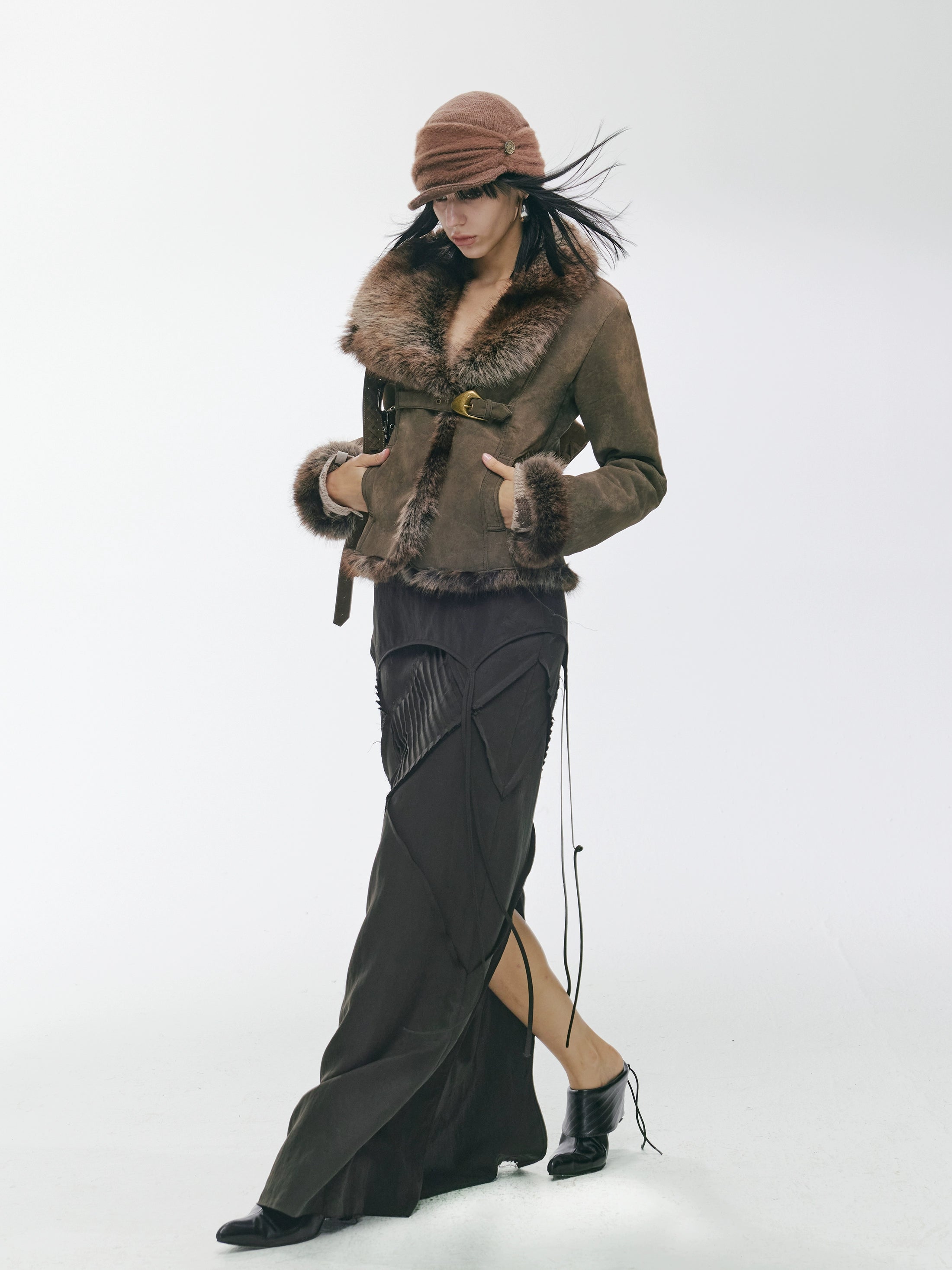 Vintage Asymmetric Shearling-Effect Suede Jacket